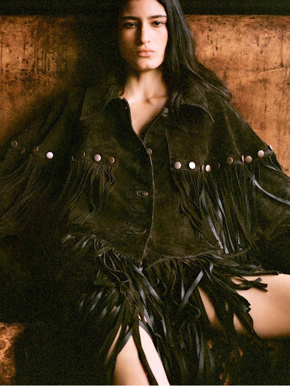 LORENA SARAVIA H&M FRINGED SUEDE CAPE JACKET DARK BROWN ONE SIZE